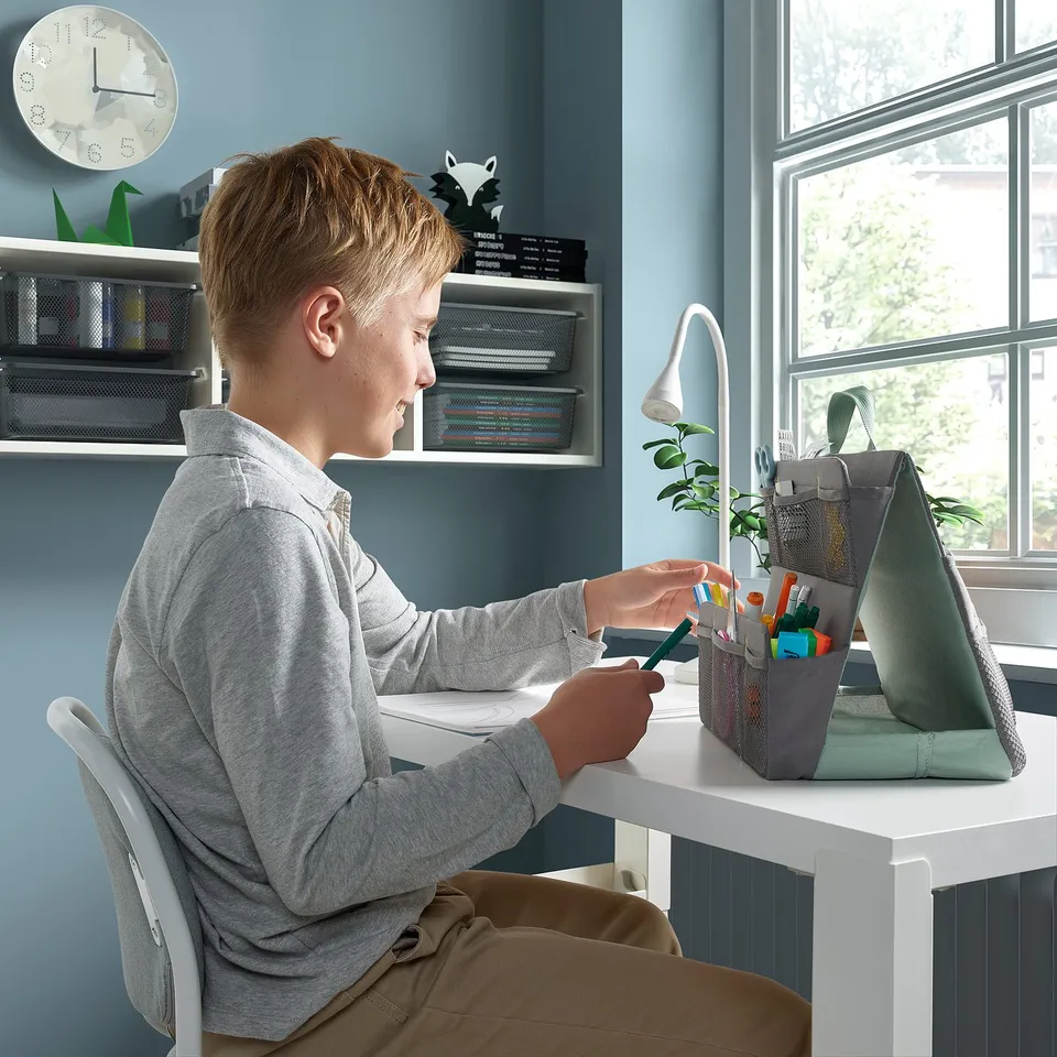 A boy sits at a desk using a laptop and organiser, surrounded by school supplies.