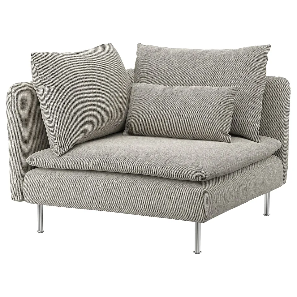 Grey SÖDERHAMN corner sofa chair with steel legs, soft cushions, and a textured fabric cover.