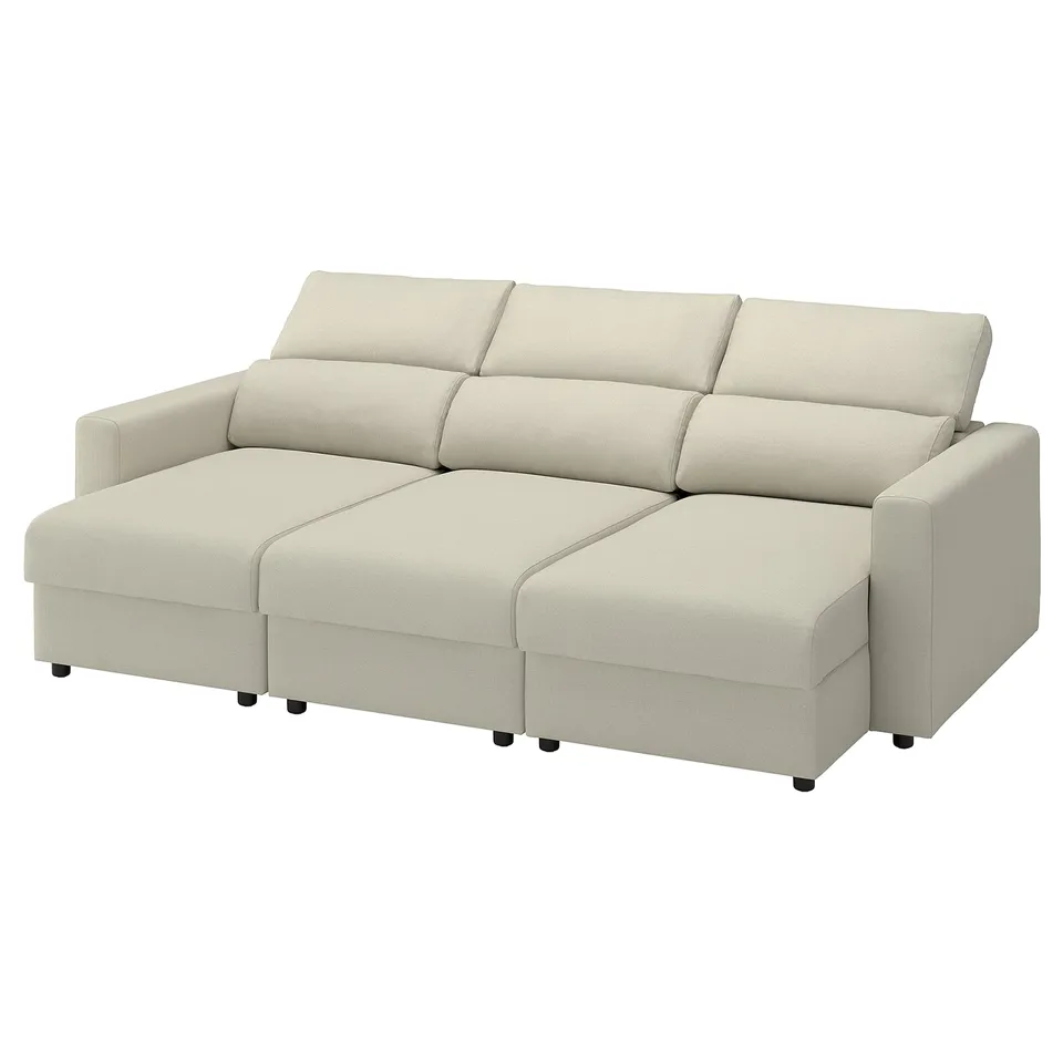 Modern beige sofa with adjustable headrests and pull-out sections for additional seating and storage.