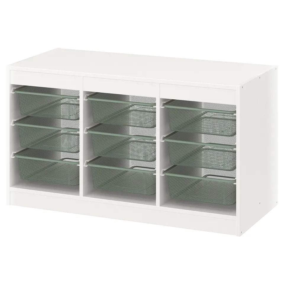 White TROFAST storage unit with mesh boxes, clean lines, and organisational compartments.