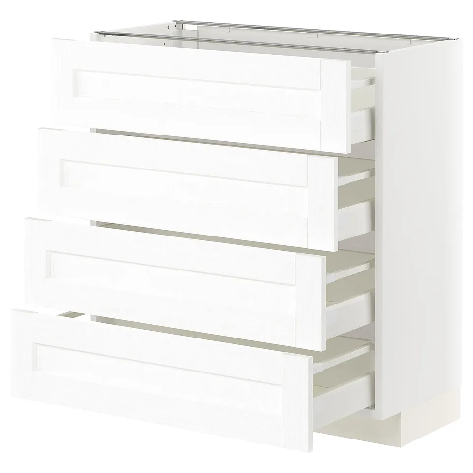 A white ikea METOD kitchen unit with multiple drawers and shelves, designed with a simple, modern look.
