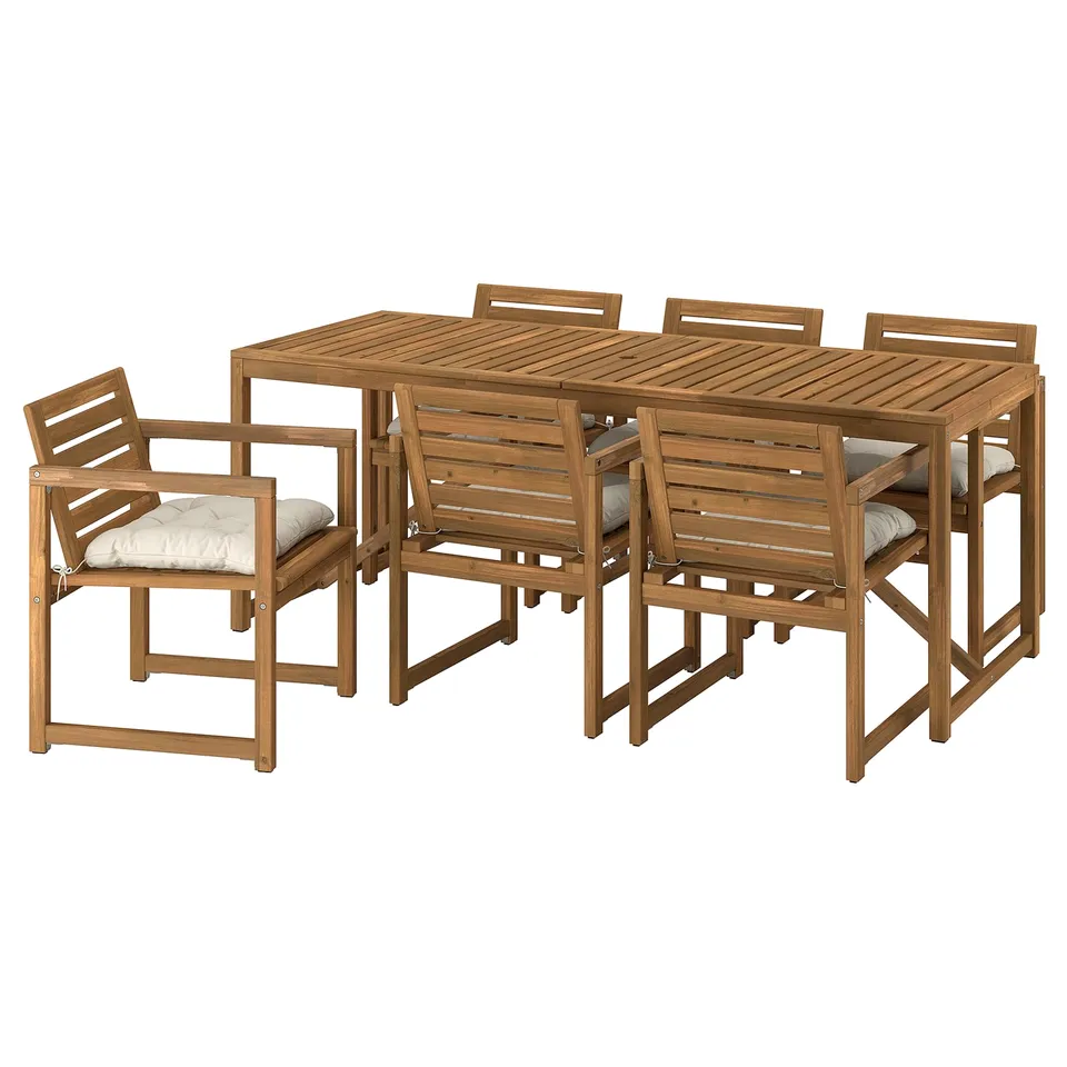 NÄMMARÖ brown acacia wood patio set: rectangular table, six chairs, four with cushions.