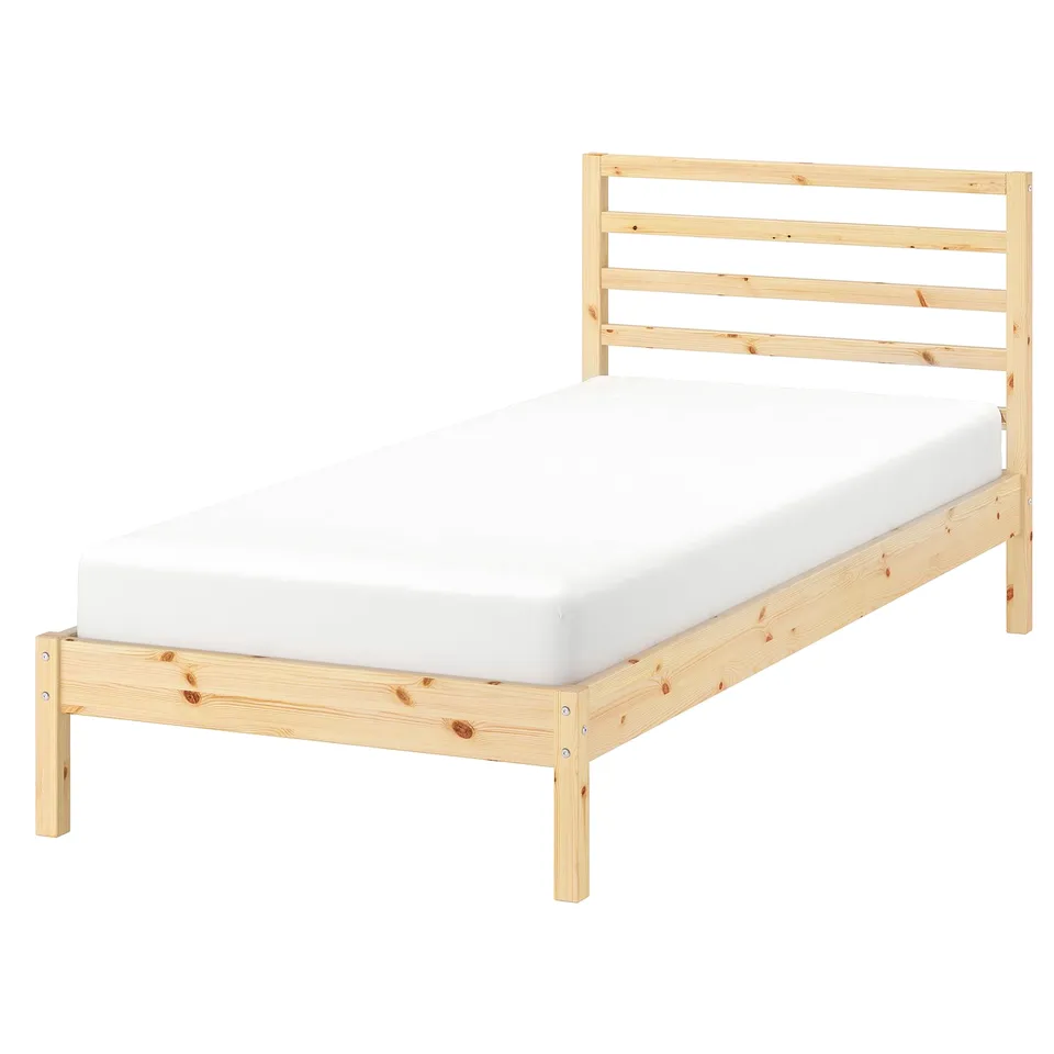 TARVA pine bed frame with white mattress & horizontal headboard slats.