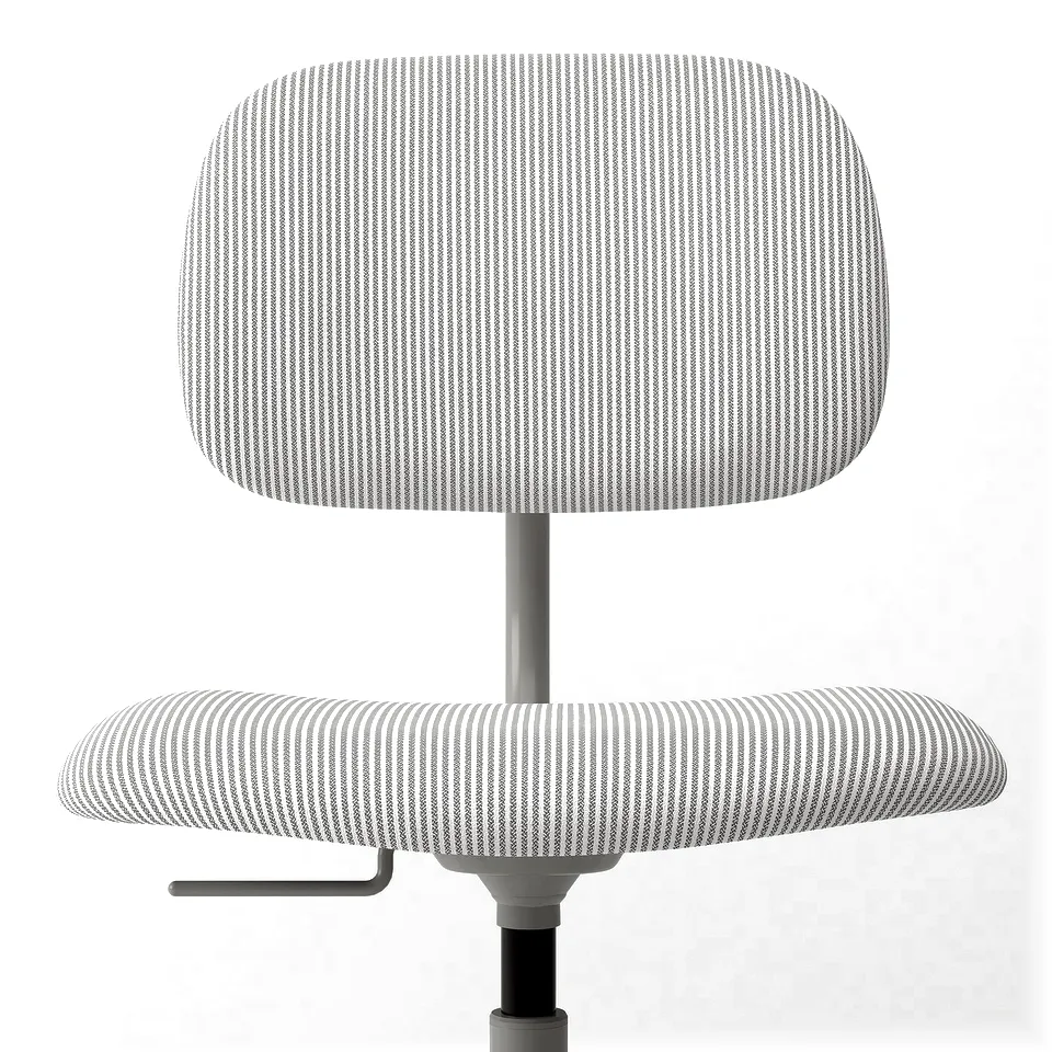 A modern office chair with grey striped upholstery, featuring a high back and adjustable seat for comfort and ergonomics.