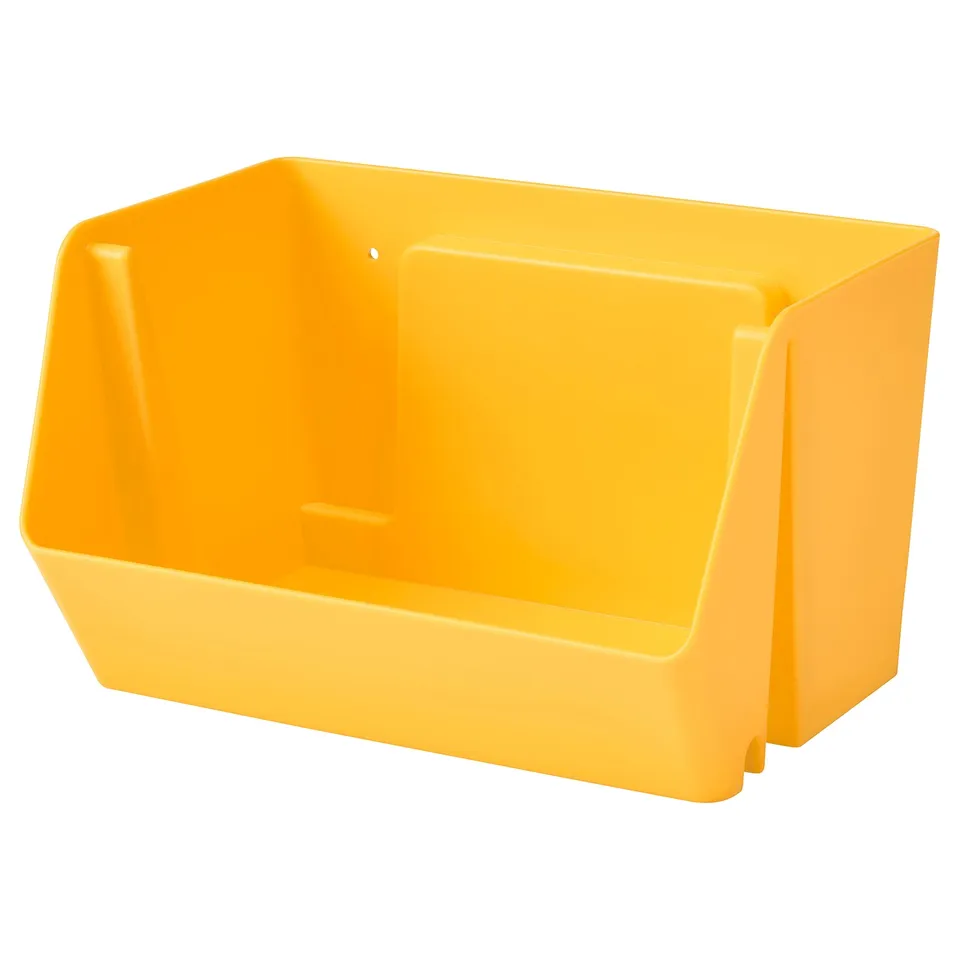 Bright yellow plastic wall or desk organiser; rectangular, smooth sides.