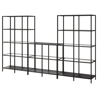 VITTSJÖ storage combination, black-brown/glass, 300x36x175 cm