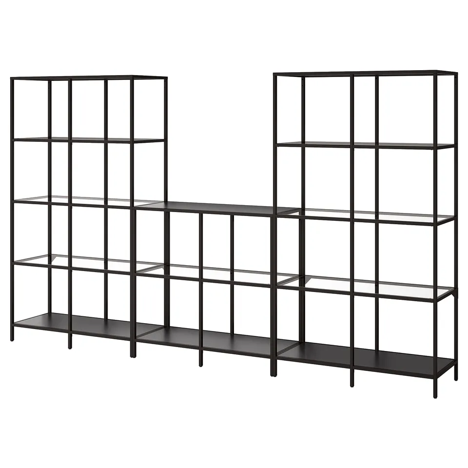 Black modern metal bookshelf with glass shelves, sleek and minimalist design.