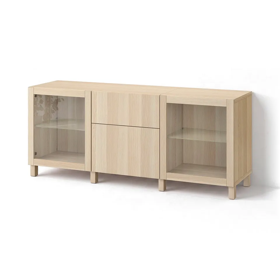 BESTÅ Storage combination with drawers, white stained oak effect Lappviken/Sindvik/Stubbarp white stained oak eff clear glass, 180x42x74 cm