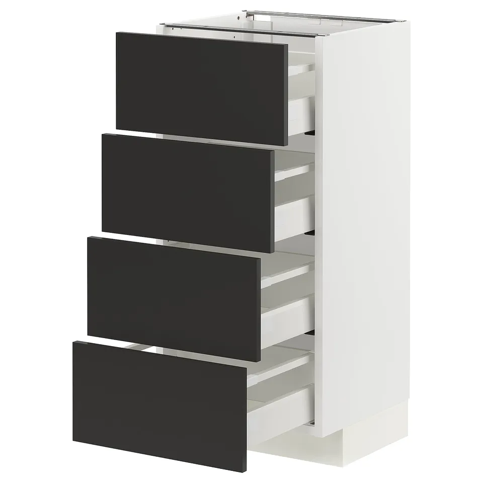 Modern METOD kitchen unit with four black drawer fronts, full-extension drawers. White cabinet frame, sleek design.