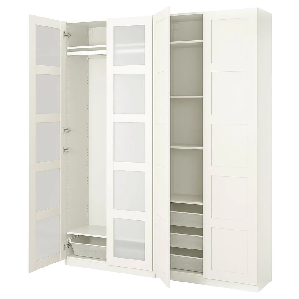White PAX wardrobe open, glass doors, mesh basket, adjustable shelves.