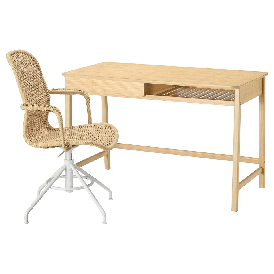 Bamboo desk with single drawer, white stigbygel chair with woven base.