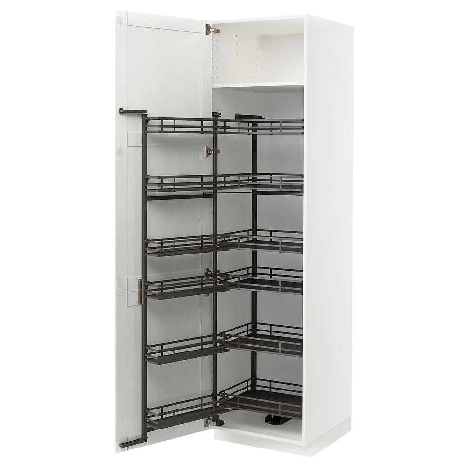 White cabinet with pull-out shelves, five tiers, sleek design, modern kitchen storage.