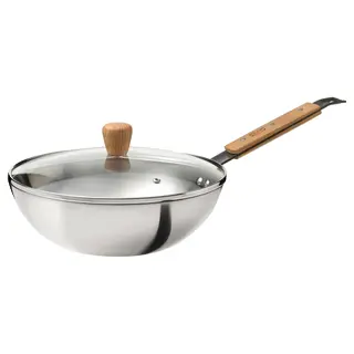 VARDAGEN wok with lid, glass/carbon steel beech, 28 cm