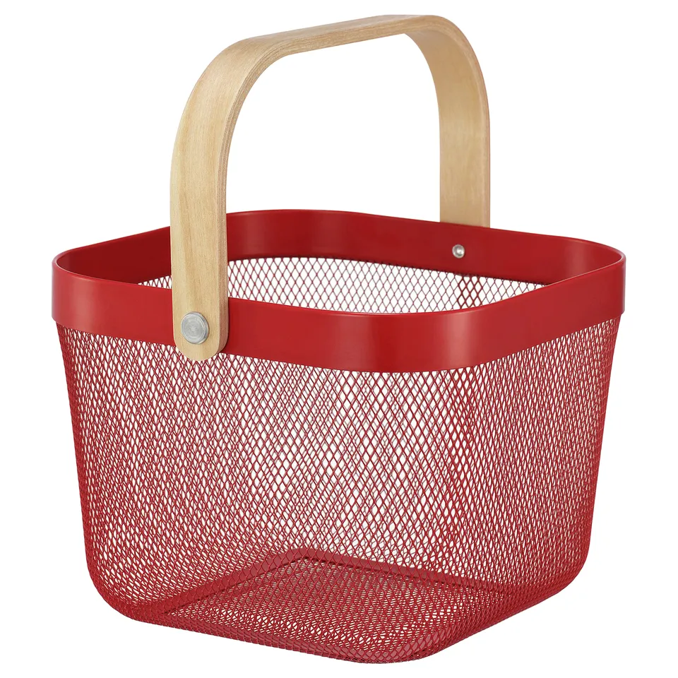Red mesh storage basket with wooden handle for easy carrying, ideal for organising items in various rooms.