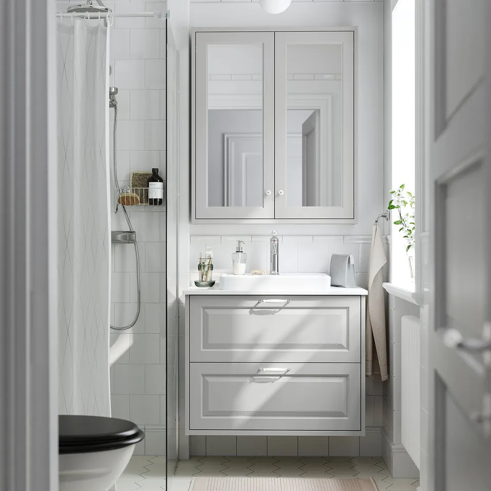 TÄNNFORSEN / ORRSJÖN Wash-stnd w drawers/wash-basin, light grey/white marble effect, 82x49x71 cm