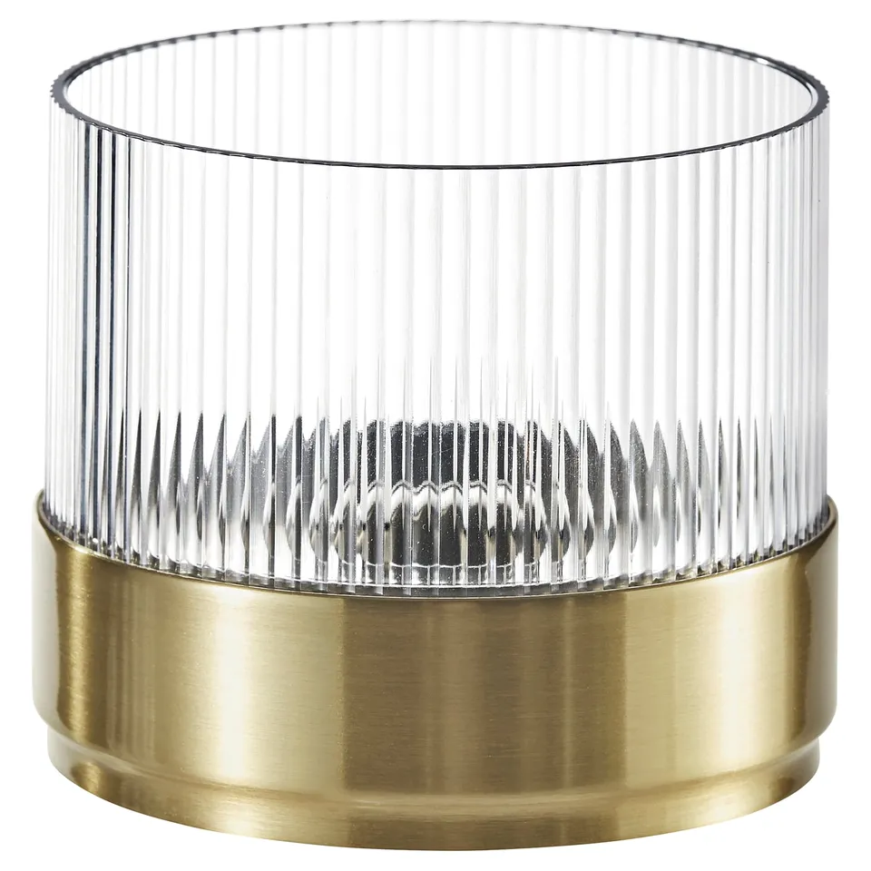 SNÖRPTRÅD silver & gold table light. Cylindrical design, ribbed glass, brass base.