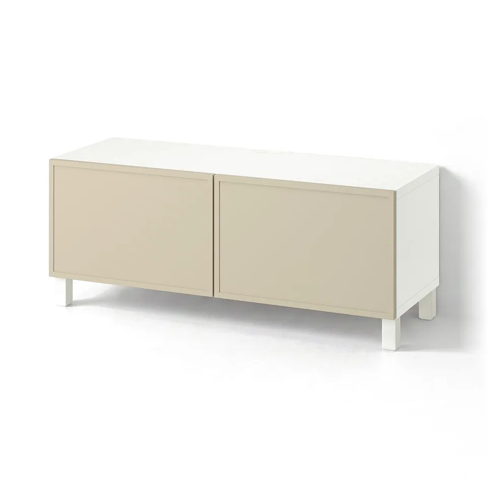 BESTÅ TV bench with doors, white/Krukmakare beige, 120x42x48 cm