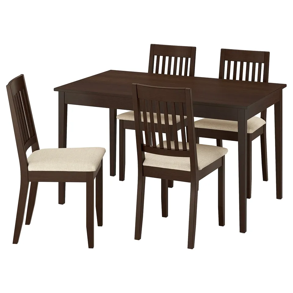 Dark brown dining set with 4 chairs and a square table, sleek design.
