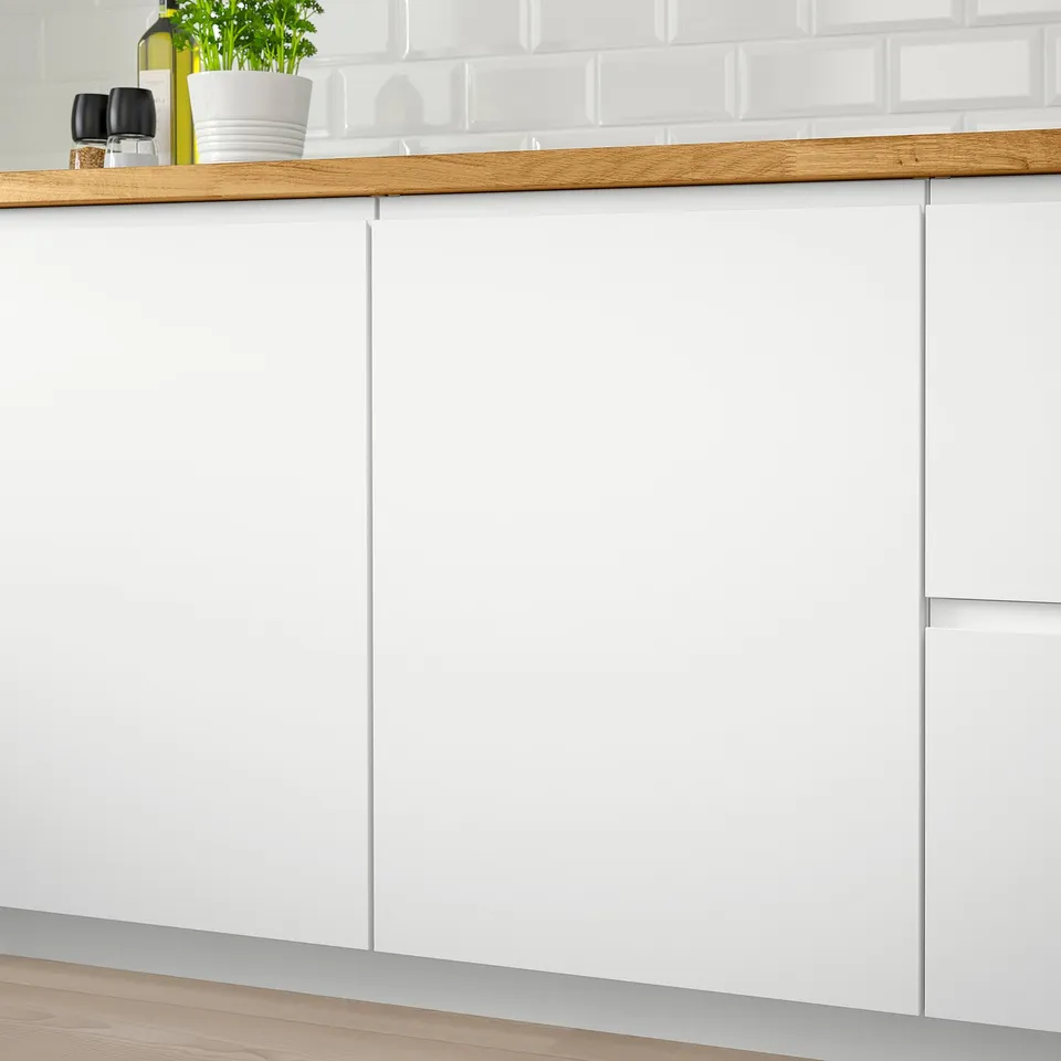 Kitchen cabinets with matte white modern design, featuring integrated handles for sleek lines and easy access.