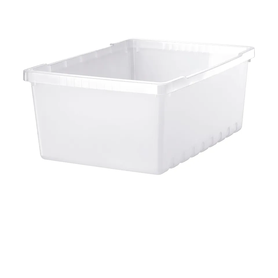 A white rectangular storage box made of plastic. It has no lid and is empty, ready for organising items.