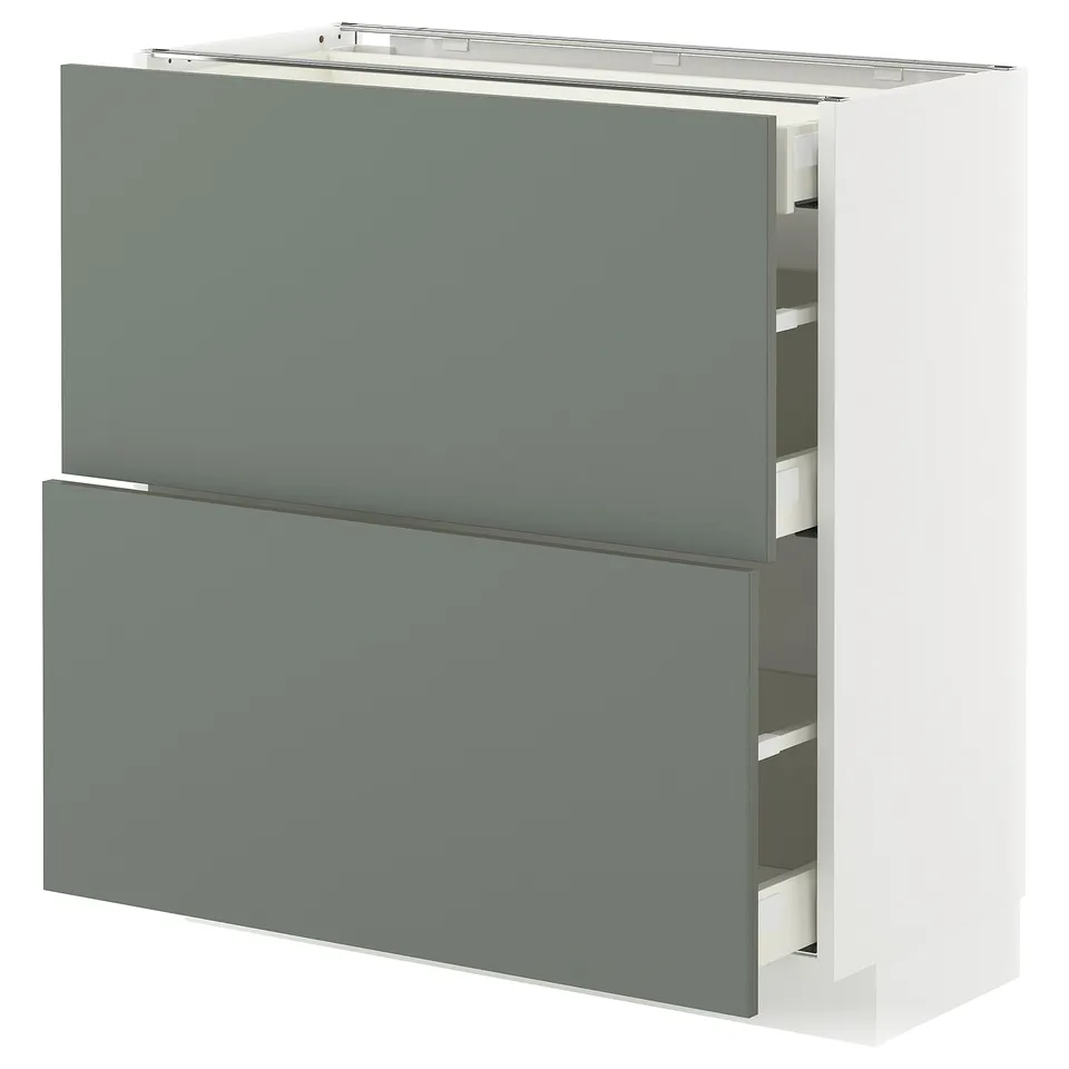 A modern METOD kitchen cabinet with matt grey-green nickeby fronts. It two drawers, a sleek design, and sturdy construction.