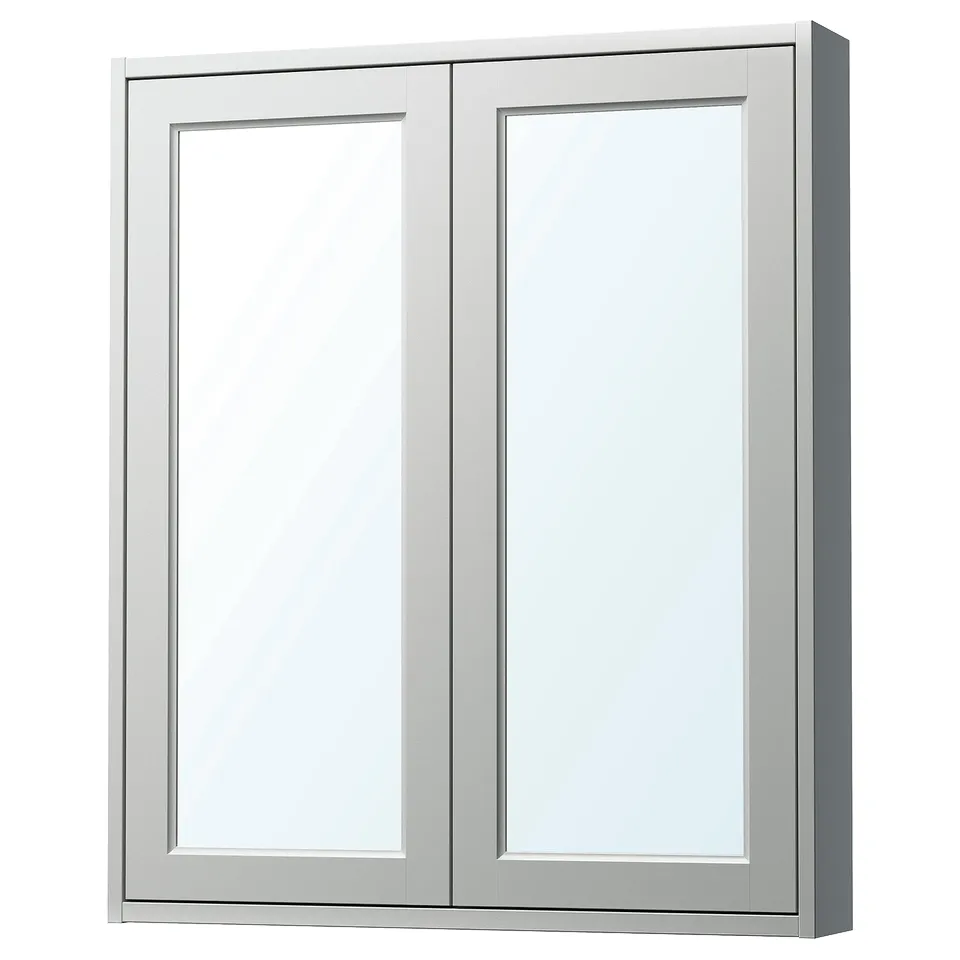 A TÄNNFORSEN light grey wall-mounted mirror cabinet with bevelled panels.