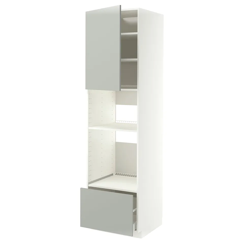 A tall, white METOD kitchen cabinet with a light grey door and drawer, featuring a sleek, modern design.