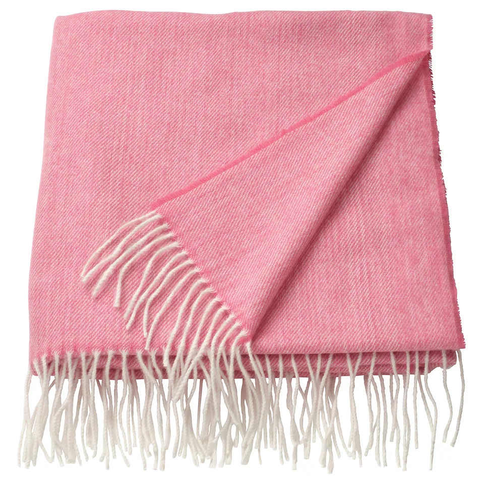 Bright pink HOLMVI throw blanket with fringe, soft, recycled polyester.