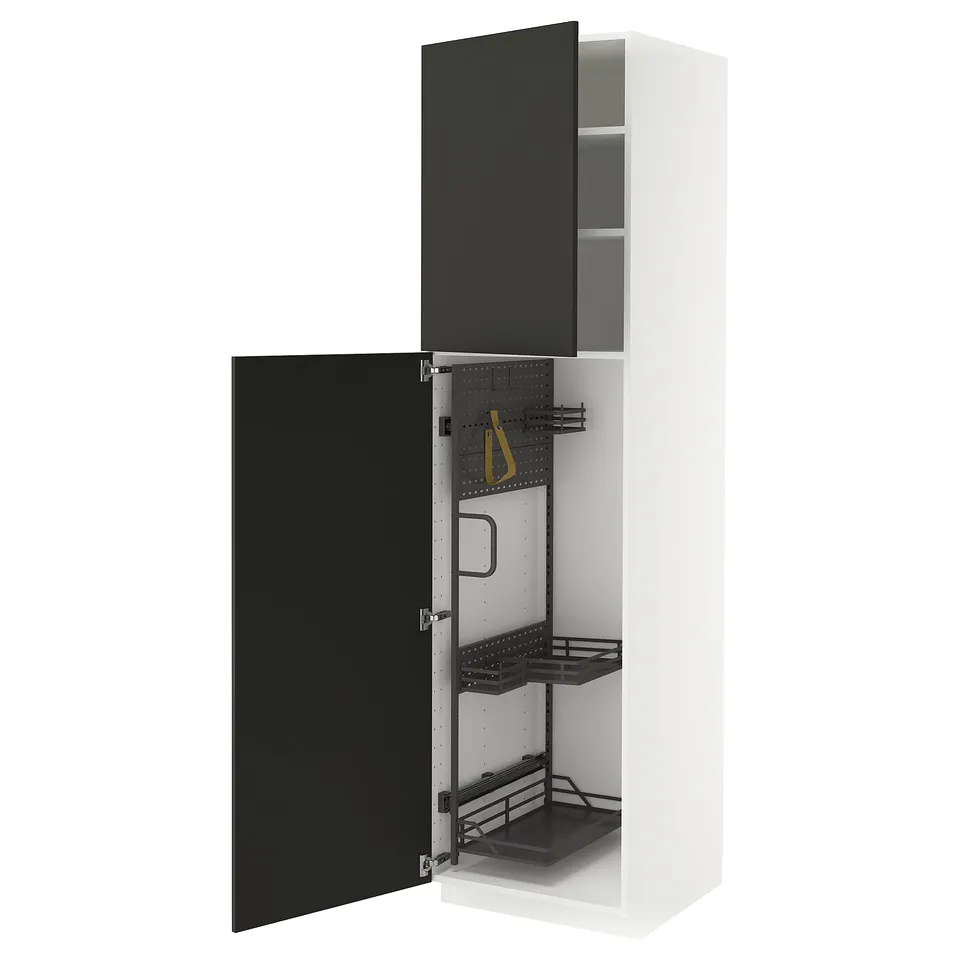 Modern white tall cabinet with black doors, open to reveal shelves and cleaning supplies.