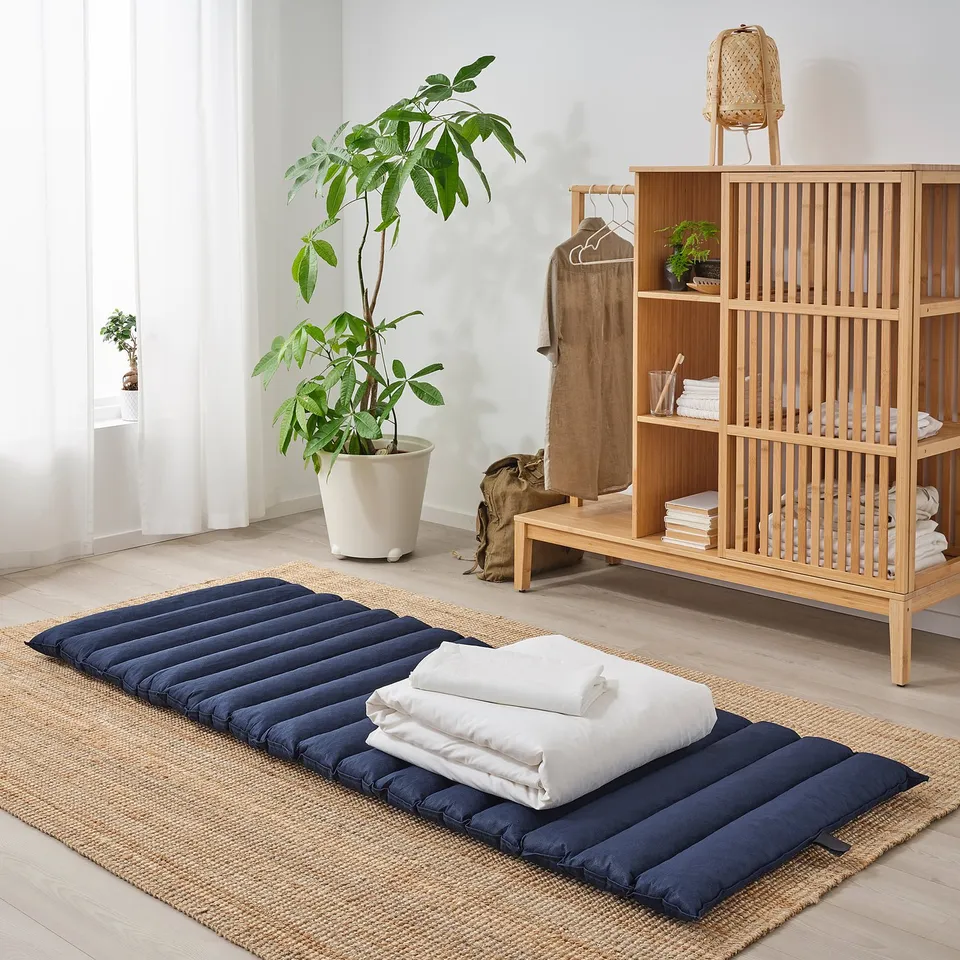 Dark blue JESSHEIM futon on rug, with storage and plant.