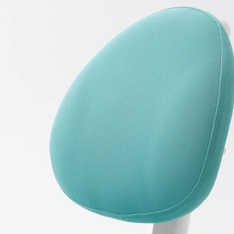A sleek, modern swivel chair with turquoise fabric upholstery, designed for comfort and ergonomic support.