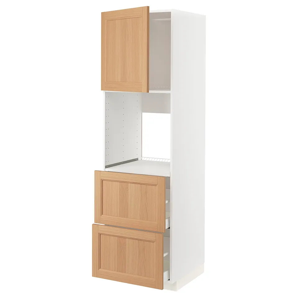 METOD kitchen cabinet in white and oak. Top cupboard and two drawer units. Natural wooden finish, sturdy design with adjustable shelves.