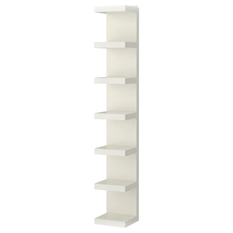 White ikea LACK wall shelf, 6 narrow shelves for small spaces.
