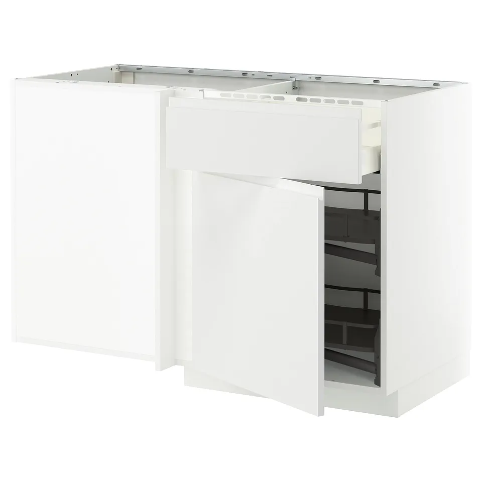 White METOD kitchen cabinet, rectangular shape with open drawer, modern minimalist design.