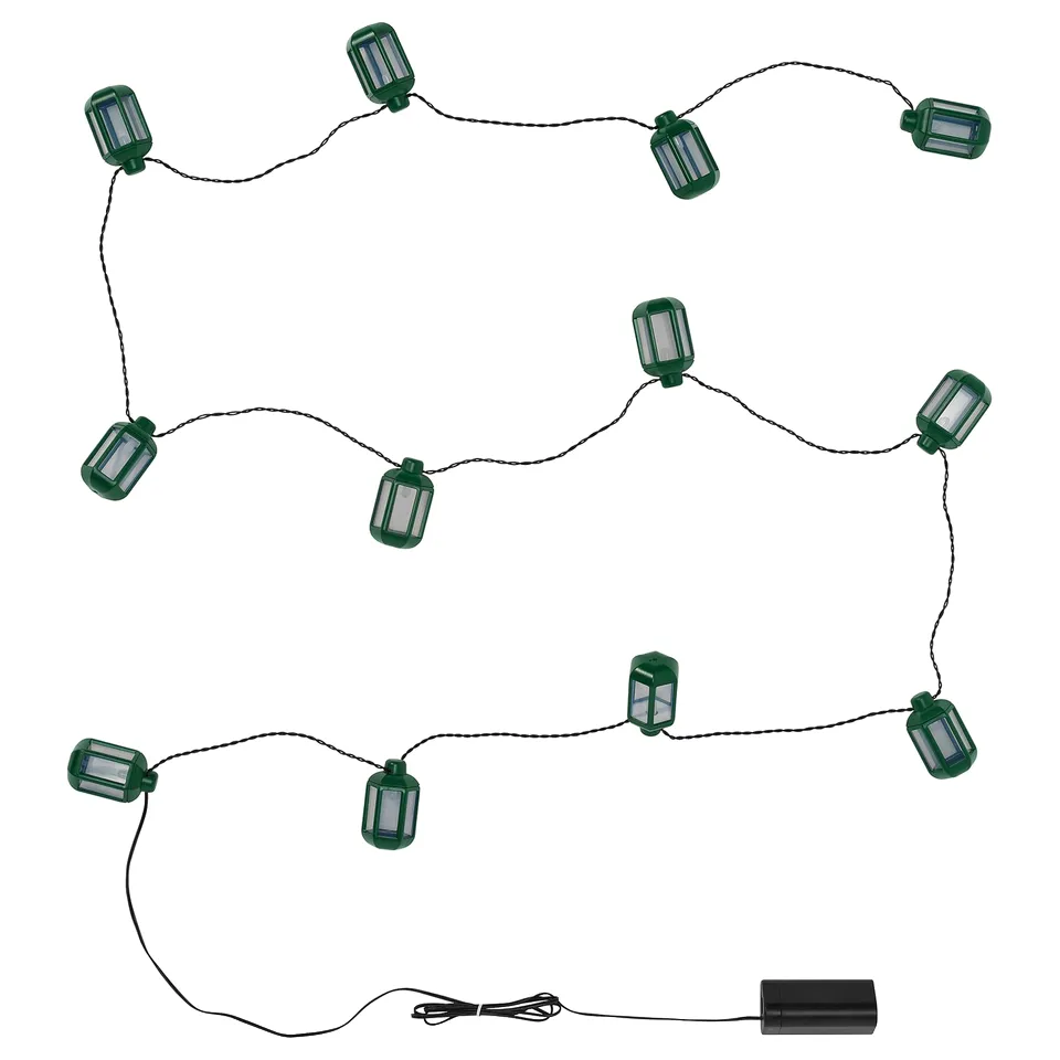Green GOKVÄLLÅ string lights with 10 lantern bulbs and battery box, suitable for indoor and outdoor use.