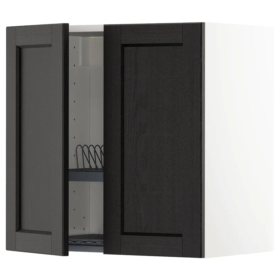METOD wall cabinet, black stained wood, rectangular shape, flat door with bevelled edges.