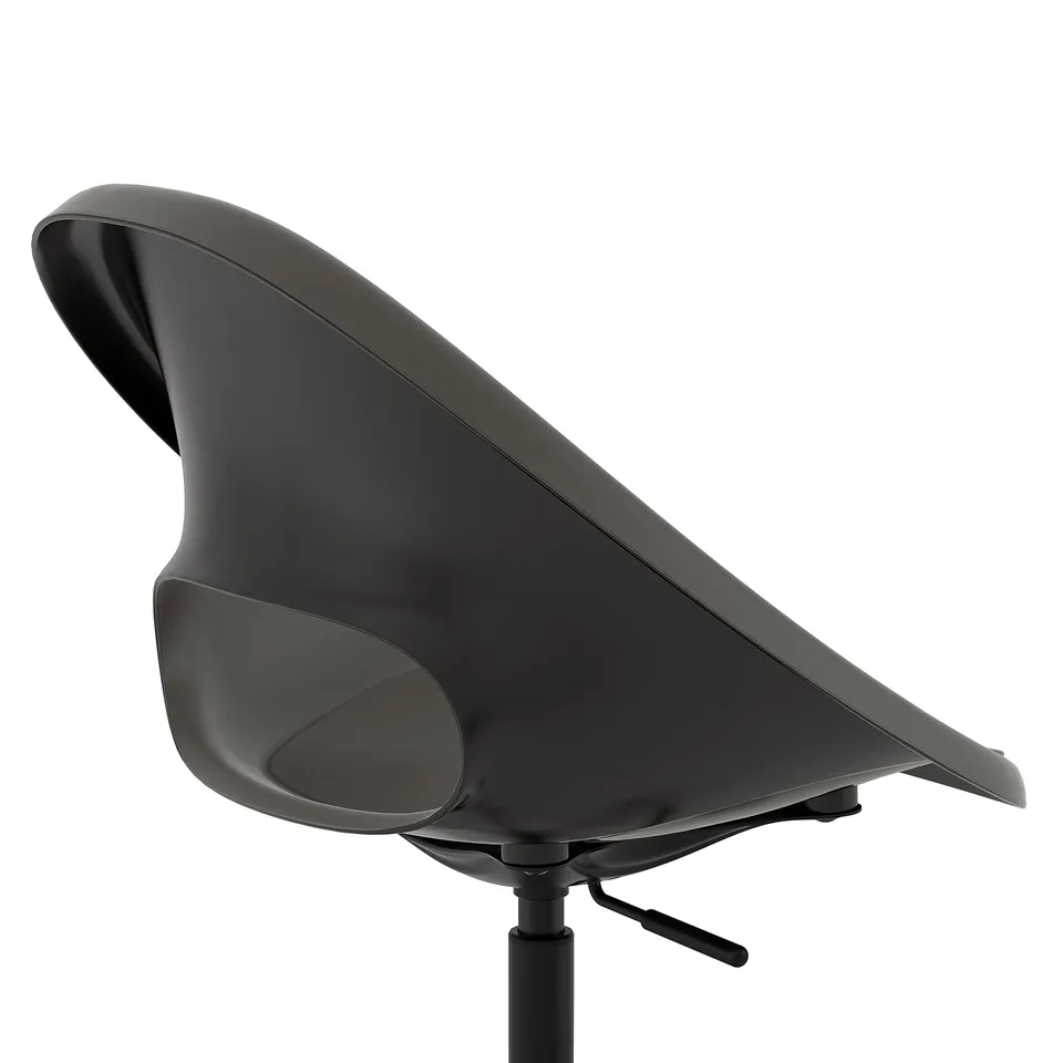 Black modern office chair with sleek, curved design and adjustable seating.