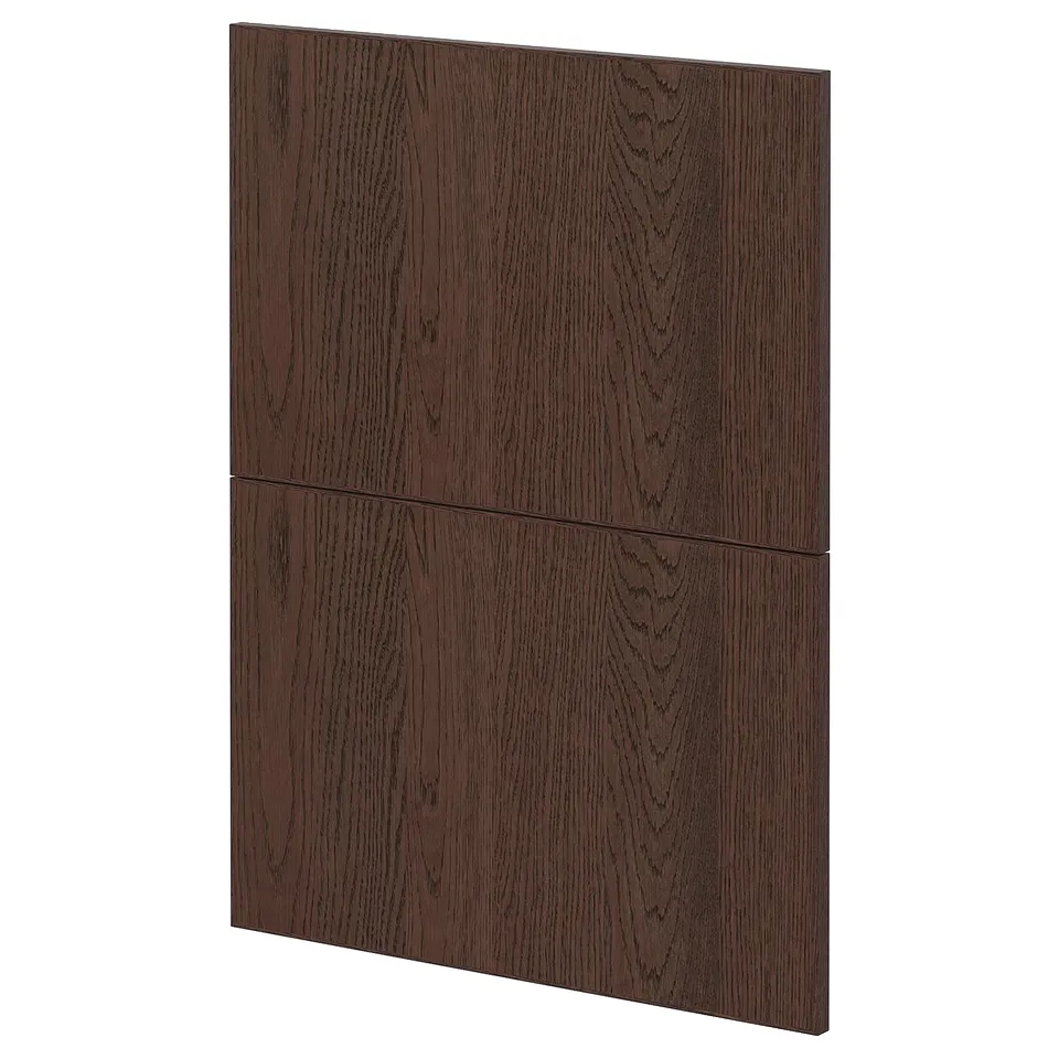 Dark brown sinarp oak kitchen cabinet fronts with solid wood edges, rectangular.