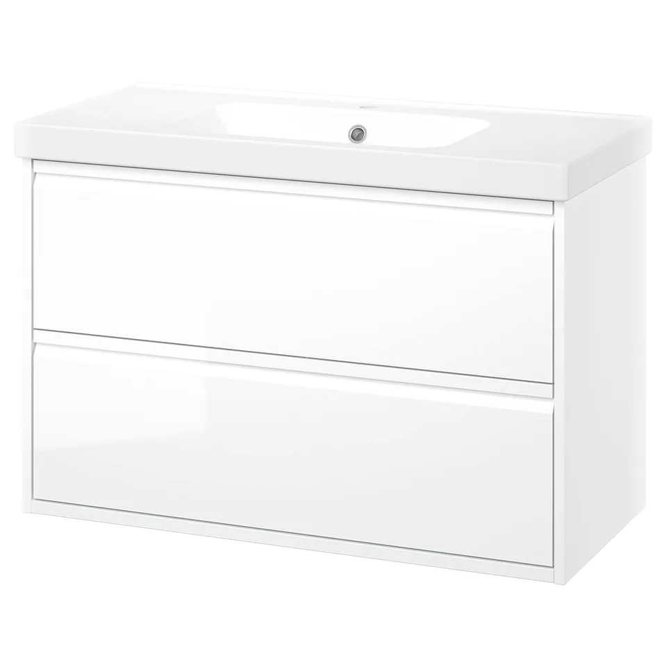 ÄNGSJÖN white bathroom vanity, wall-mounted with two drawers, sleek design.