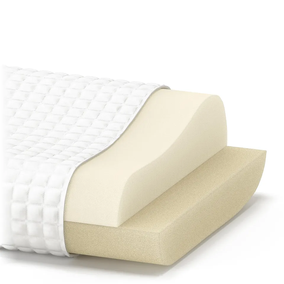Cross-section of mattress layers: white quilted cover, beige foam, dense foam.
