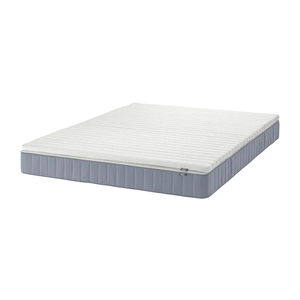 Pocket spring mattress, white with grey sides, rectangular, firm and breathable.