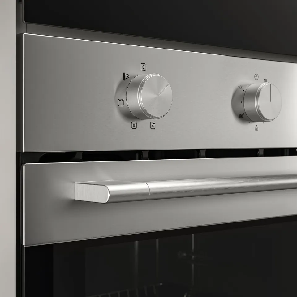 Stainless steel oven controls; large silver knobs, one with temperature markings.