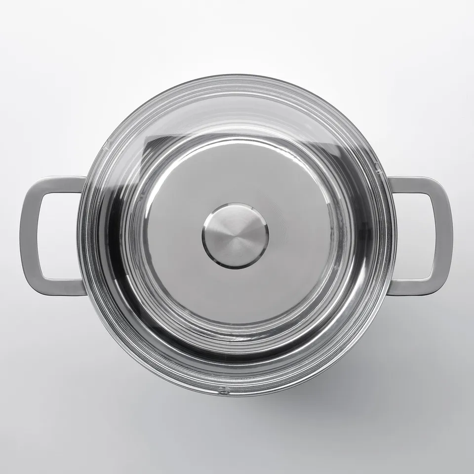 Stainlesspot with sturdy handles and lid.