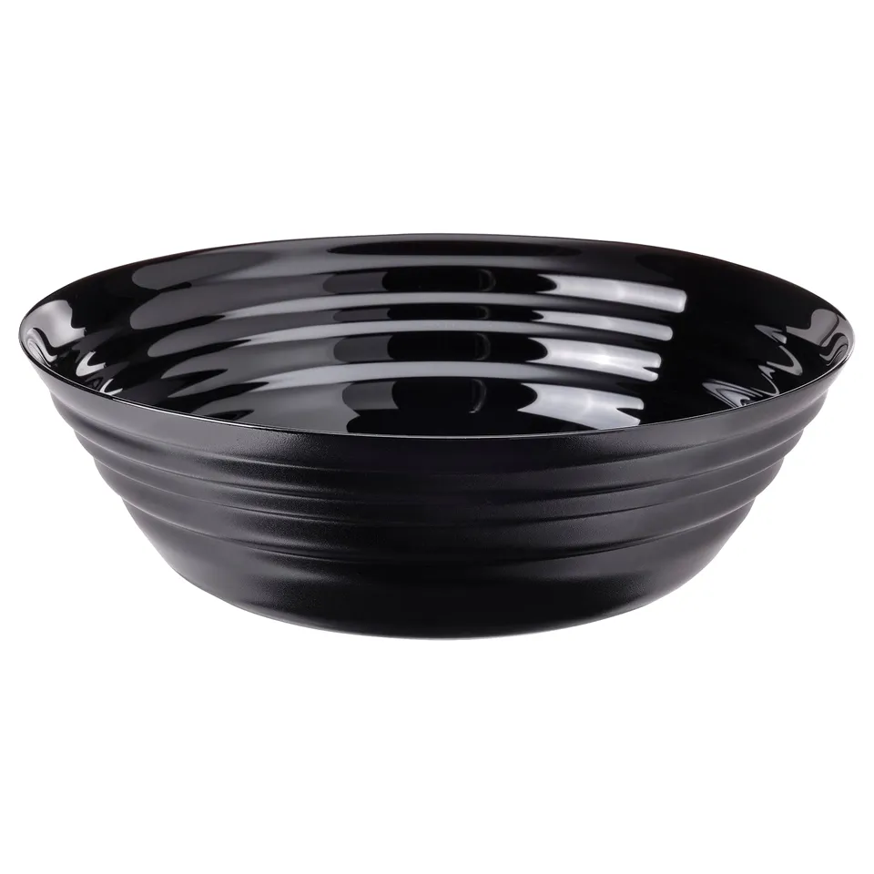 NÄTBARB black bowl, glossy glass, wide and shallow, ripple pattern.