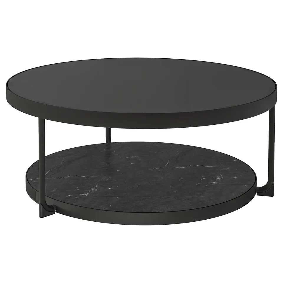 Black round coffee table with smoked glass top and lower marble shelf, sleek metal legs.