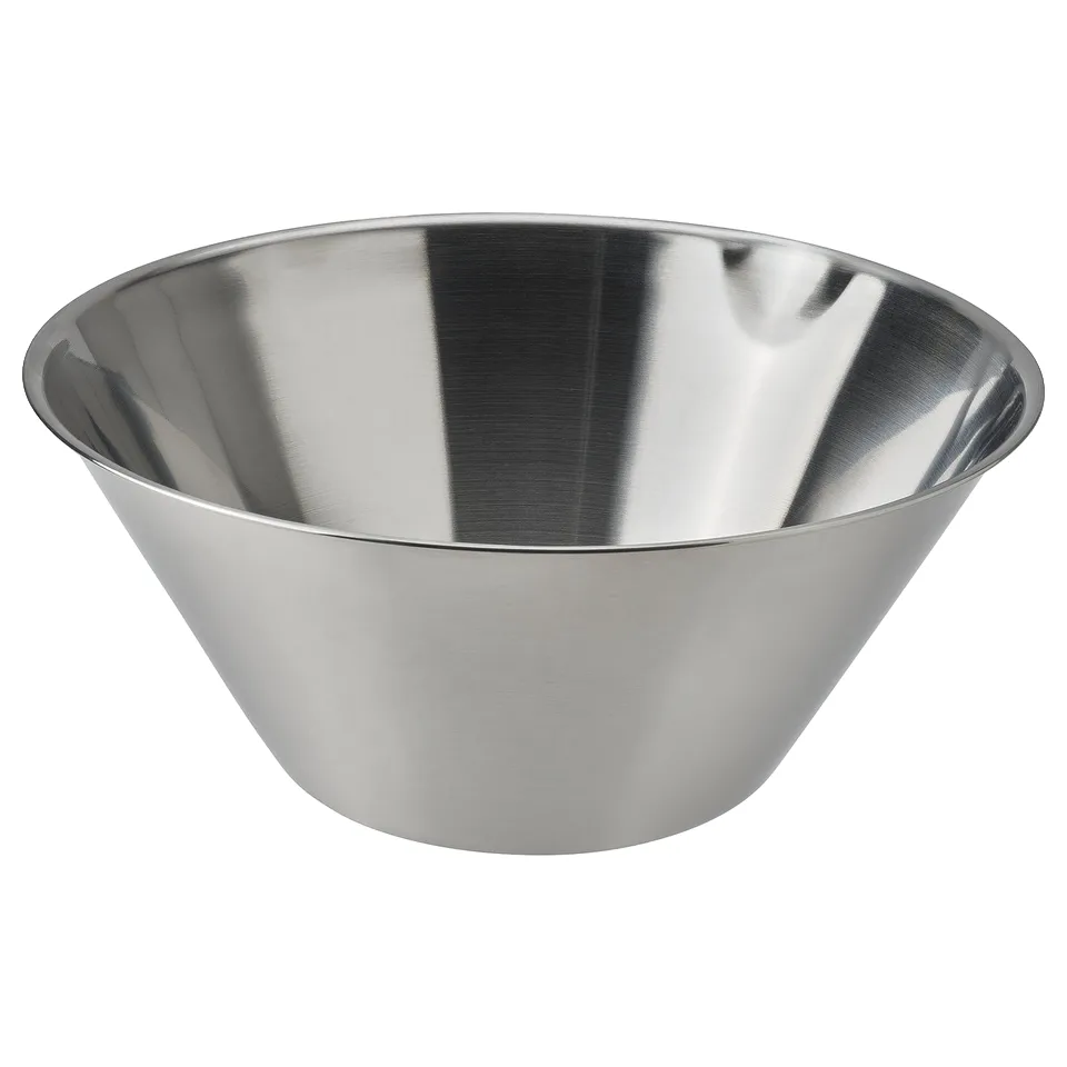 Stainless VARDAGEN bowl, silver, round, pour spout, durable, easy clean.