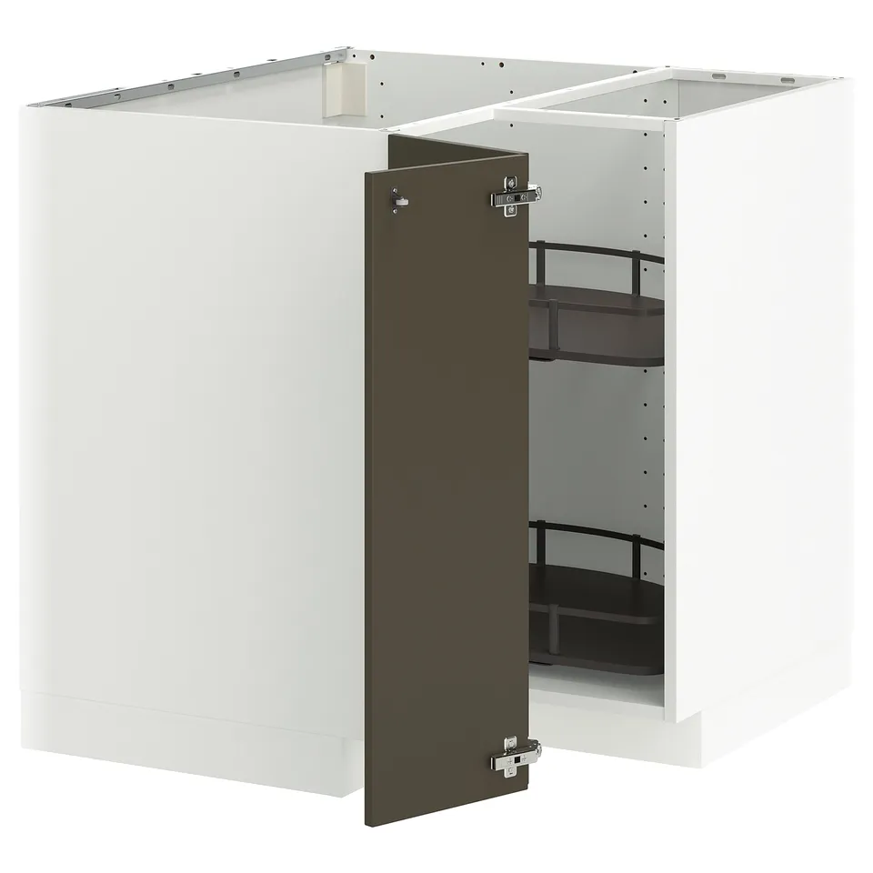 Modern kitchen unit METOD with dark brown door, white body, and black metal shelves.