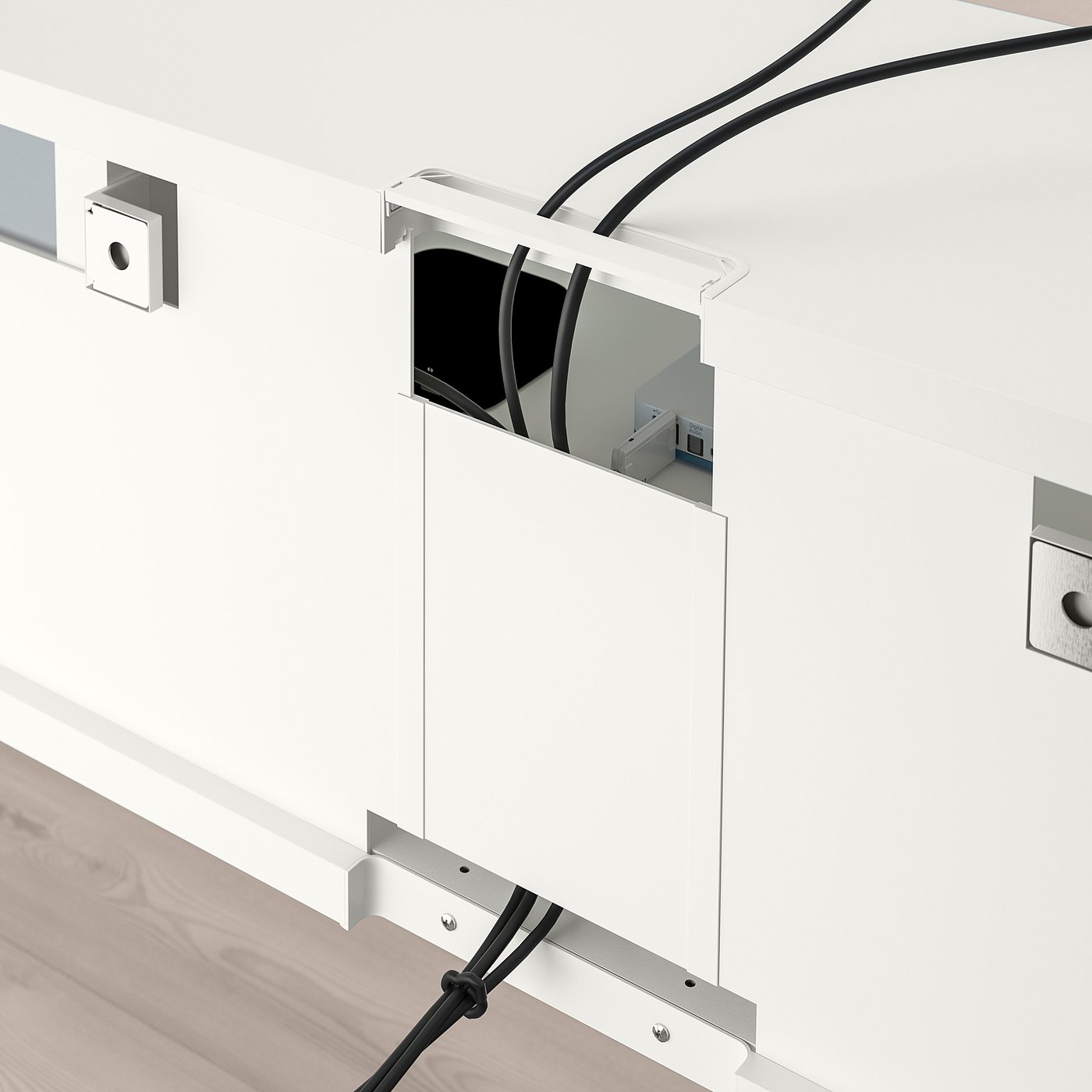 Cord management system for wall-mounted tv unit, keeping cables organised and out of sight.