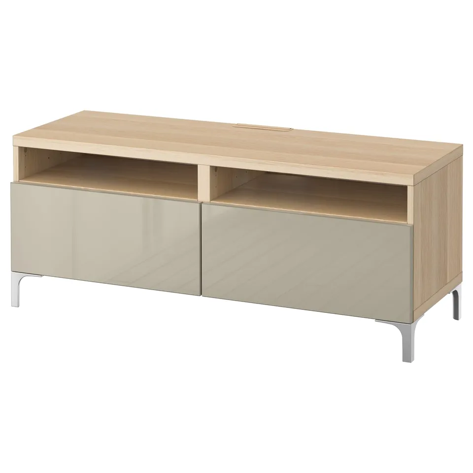Modern tv stand, light oak, metal legs, two drawers, open shelves.