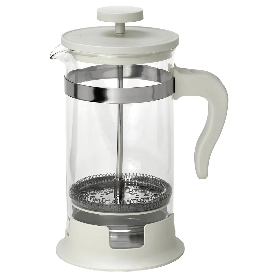 An UPPHETTA white cafetière, featuring clear glass, stainless steel accents, and a plastic handle.